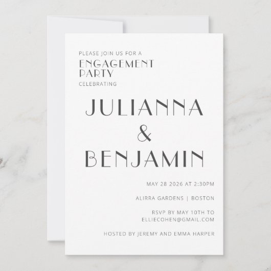 Elegante Schwarz-weiße Art Deco Engagement Einladung (Vorderseite)