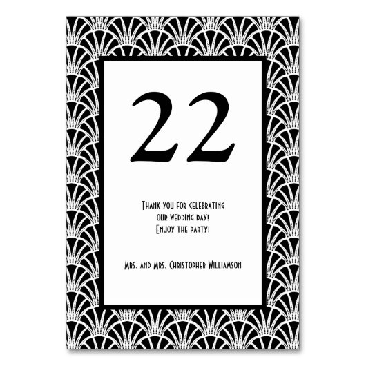 Elegante Schwarz-weiße Art Deco Tischnummer (Vorderseite)