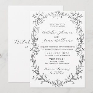 Elegante schwarz-weiße Blumen-Hochzeit im Stil des Einladung
