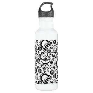 Elegante Schwarz-weiße Blumen Trinkflasche