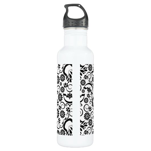 Elegante Schwarz-weiße Blumen Trinkflasche (Rückseite)