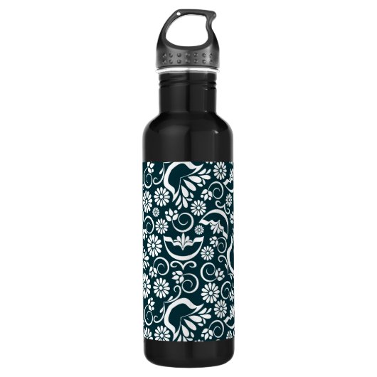 Elegante Schwarz-weiße Blumen Trinkflasche (Vorderseite)