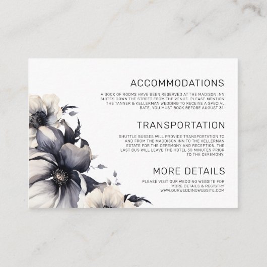 Elegante Schwarz-weiße blumengeschichtliche Detail Begleitkarte (Rückseite)