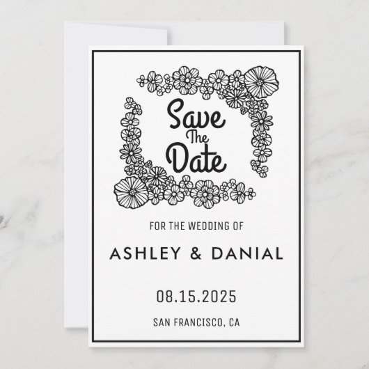 Elegante Schwarz-weiße Blumenhochzeit Sichern Sie  Einladung (Vorderseite)