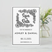 Elegante Schwarz-weiße Blumenhochzeit Sichern Sie  Einladung (Stehend Vorderseite)