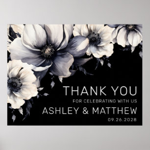 Elegante Schwarz-weiße Blumenhochzeit Vielen Dank Poster