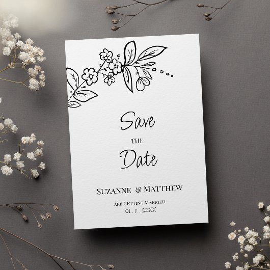 Elegante Schwarz-weiße Blumenpracht Save the Date Einladung