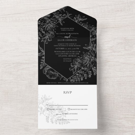 Elegante Schwarz-weiße botanische Hochzeit All In One Einladung (Innen Boden)