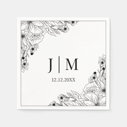 elegante, schwarz-weiße, botanische Monogramm-Hoch Serviette (Vorderseite)