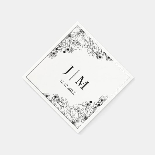 elegante, schwarz-weiße, botanische Monogramm-Hoch Serviette (Ecke)