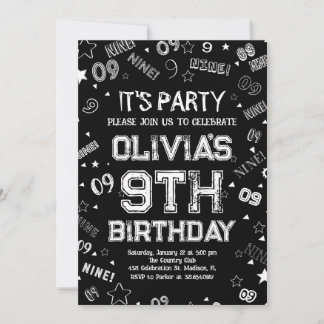 Elegante Schwarz-weiße Boy Number Nine Geburtstags Einladung