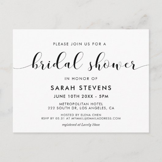 Elegante, schwarz-weiße Brautdusche Postkarte (Vorderseite)