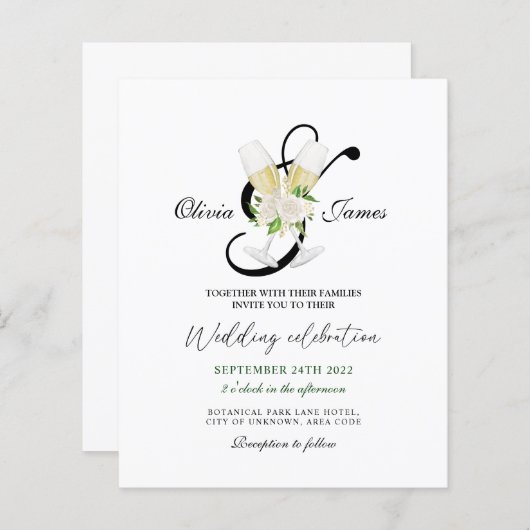 Elegante Schwarz-weiße Champagner Hochzeit Einladu (Vorne/Hinten)