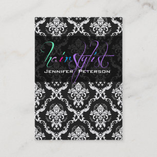 Elegante schwarz-weiße Damaskus-Haarstylist-Karte Visitenkarte