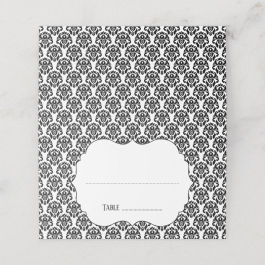 Elegante Schwarz-weiße Damaskus-Hochzeitskarte Platzkarte (Außenseite Aufgefaltet)