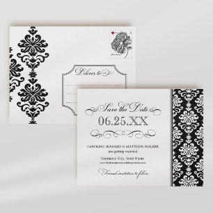 Elegante schwarz-weiße Damast-Rankenornament-Hochz Ankündigungspostkarte