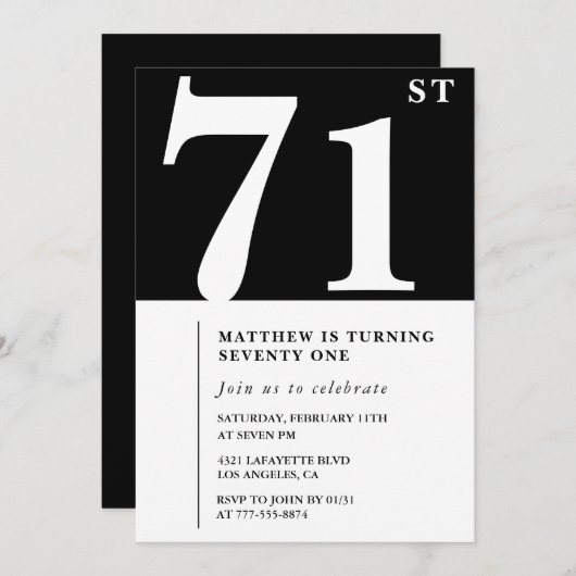 Elegante Schwarz-weiße Einladung zum 71. Geburtsta (Vorne/Hinten)