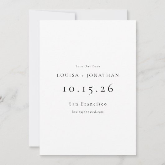 Elegante Schwarz-weiße feierliche Minimalistische Save The Date (Vorderseite)