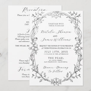 Elegante schwarz-weiße Floral-Hochzeit in einem Einladung
