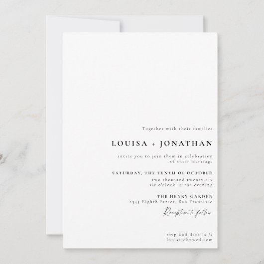 Elegante Schwarz-weiße formale Skriptminimale Hoch Einladung (Vorderseite)