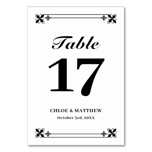 Elegante Schwarz-weiße Frame-Namen und Hochzeitdat Tischnummer (Vorderseite)