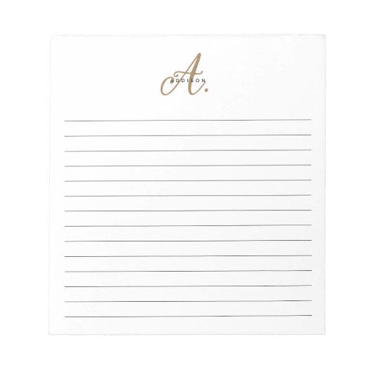 Elegante Schwarz-weiße Gold Script Monogram Lined Notizblock (Vorderseite)