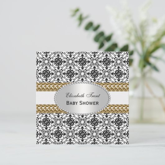Elegante Schwarz-weiße Goldbaby-Dusche #2 des Einladung (Stehend Vorderseite)