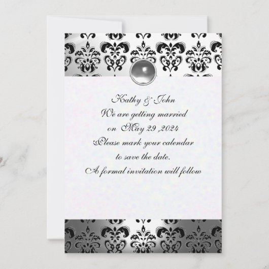 ELEGANTE SCHWARZ-WEISSE GRAUENDAMASK MONOGRAMM-Hoc Save The Date (Rückseite)