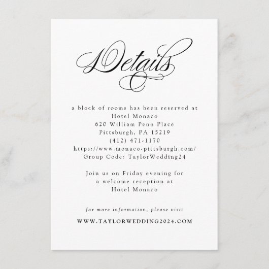 Elegante Schwarz-weiße Hochzeitdetails Begleitkarte (Vorderseite)