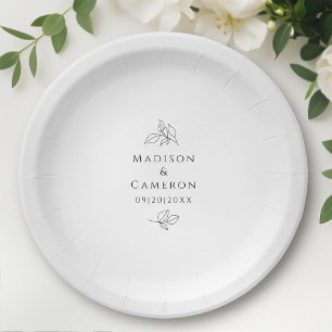Elegante Schwarz-weiße Hochzeiten Blätter Namen un Pappteller