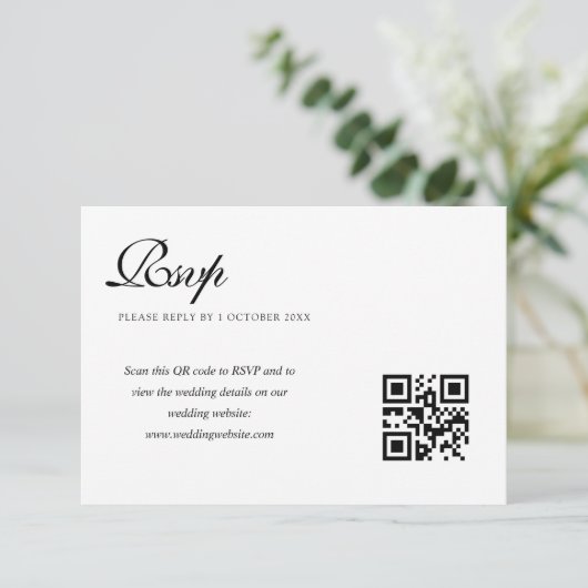 elegante schwarz-weiße Hochzeitskarte QR-Code rsvp (Stehend Vorderseite)