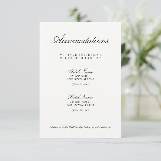 Elegante Schwarz-weiße Hochzeitsunterkunft Karte (Stehend Vorderseite)