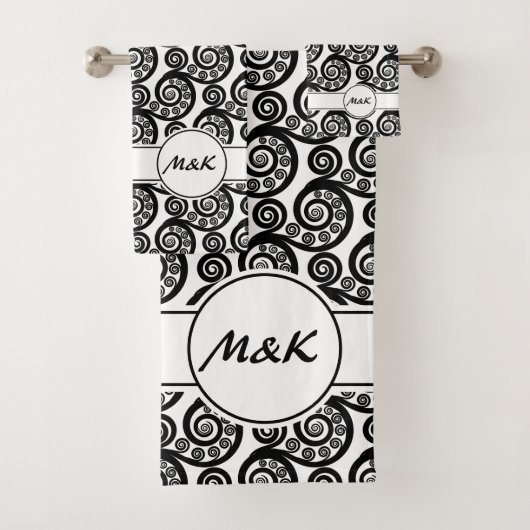 Elegante Schwarz-weiße Initialen botanische Frond Badhandtuch Set (Insitu)