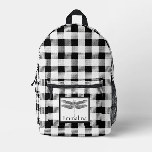 Elegante Schwarz-weiße karierte Gingham-Libelle Bedruckter Rucksack (Vorderseite)