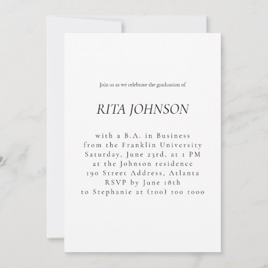 Elegante Schwarz-weiße Klasse des Abschlusses 2024 Einladung (Rückseite)
