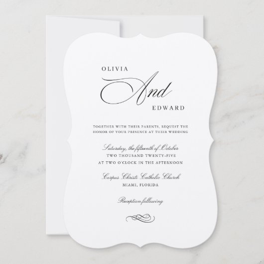 Elegante Schwarz-weiße klassische Script-Chic-Hoch Einladung (Vorderseite)