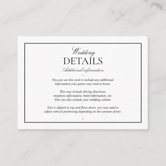 Elegante Schwarz-weiße, klassische Skriptdetails Begleitkarte (Vorderseite)