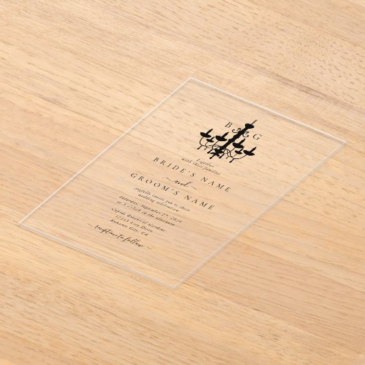Elegante Schwarz-weiße Kronleuchter Monogram Weddi Acryleinladungen (Ablage )