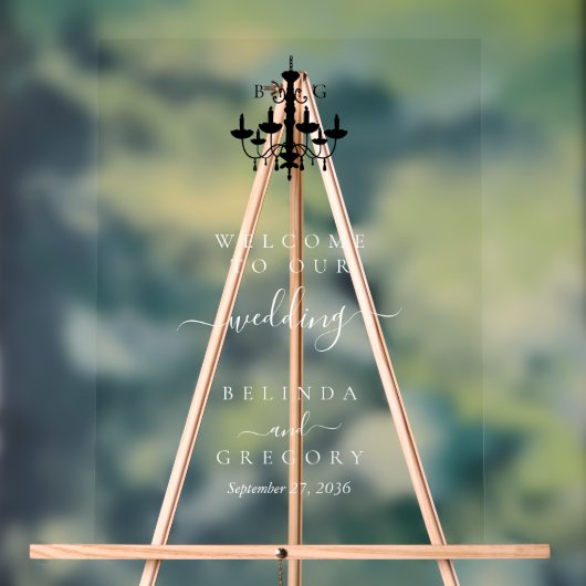 Elegante Schwarz-weiße Kronleuchter Monogram Weddi Acrylschild (Neutral)