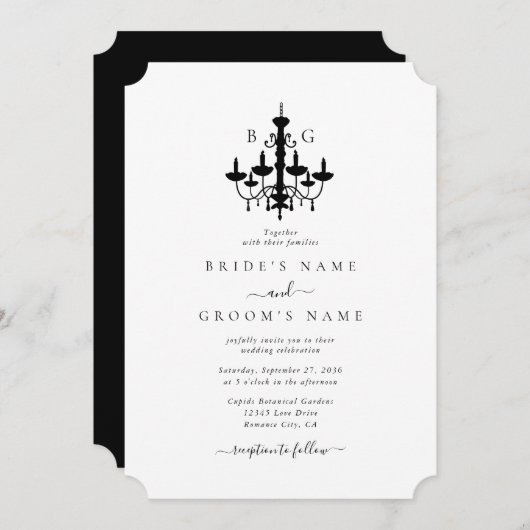 Elegante Schwarz-weiße Kronleuchter Monogram Weddi Einladung (Vorne/Hinten)
