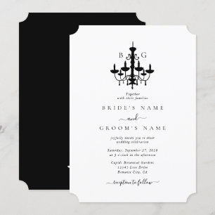 Elegante Schwarz-weiße Kronleuchter Monogram Weddi Einladung