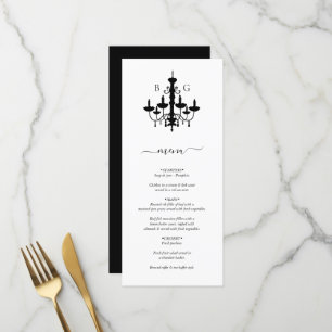 Elegante Schwarz-weiße Kronleuchter Monogram Weddi Menükarte