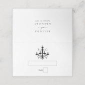 Elegante Schwarz-weiße Kronleuchter Monogram Weddi Platzkarte (Außenseite Aufgefaltet)