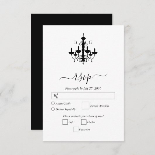 Elegante Schwarz-weiße Kronleuchter Monogram Weddi RSVP Karte (Vorne/Hinten)