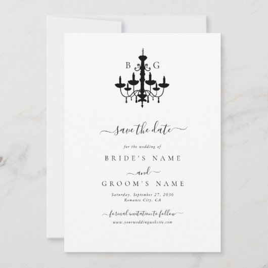 Elegante Schwarz-weiße Kronleuchter Monogram Weddi Save The Date (Vorderseite)