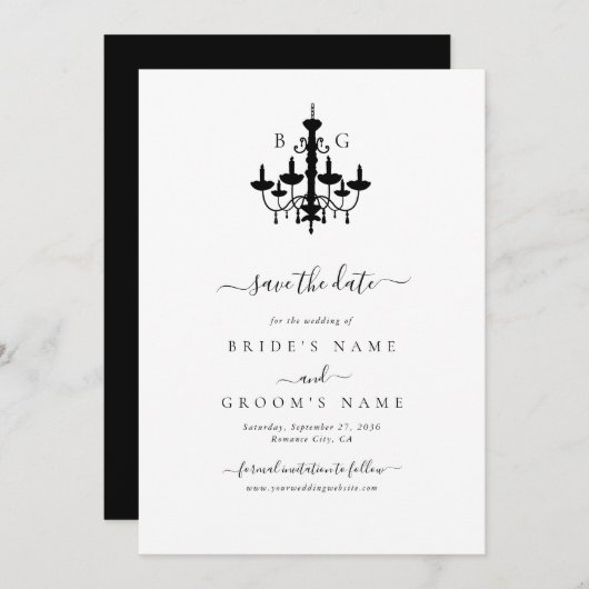 Elegante Schwarz-weiße Kronleuchter Monogram Weddi Save The Date (Vorne/Hinten)
