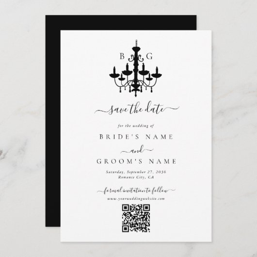 Elegante Schwarz-weiße Kronleuchter Monogram Weddi Save The Date (Vorne/Hinten)