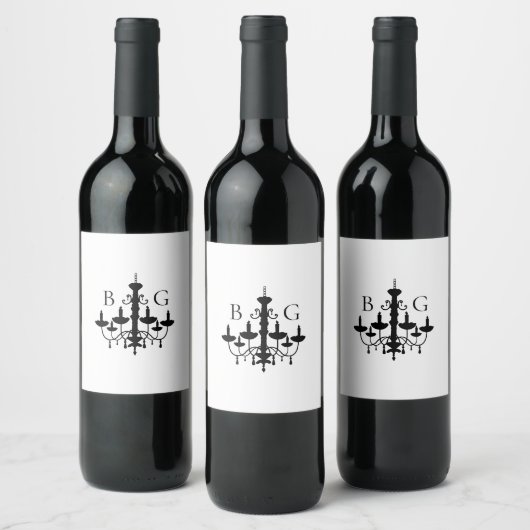 Elegante Schwarz-weiße Kronleuchter Monogram Weddi Weinetikett (Flaschen)