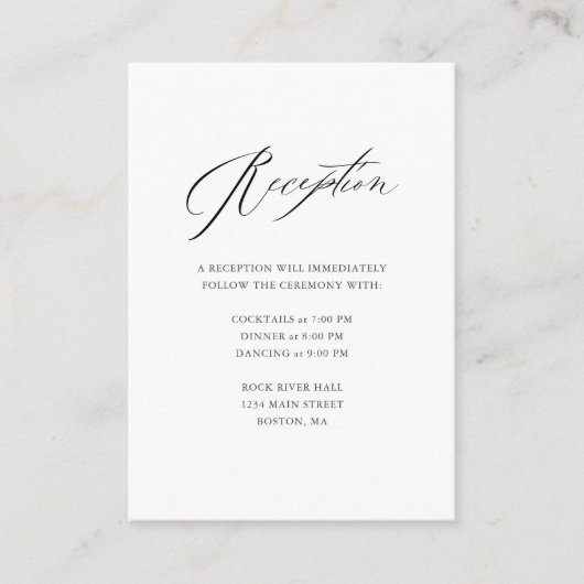 Elegante Schwarz-weiße moderne Skripthochzeit Begleitkarte (Vorderseite)