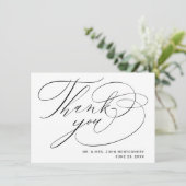 Elegante Schwarz-weiße moderne Skripthochzeit Dankeskarte (Stehend Vorderseite)